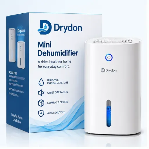 Drydon mini dehumidifier and branded box in blue and white
